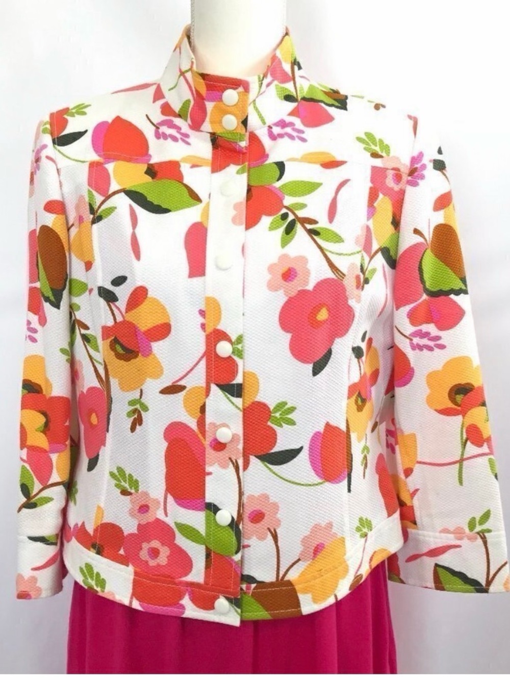 Vintage Carlisle White Floral Button-Front Jacket- Pink,Orange,Green Print 12